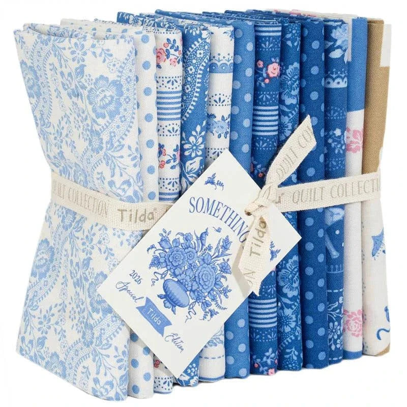 Pre-Order Something Blue Tilda fat quarter blenders bundle with blue floral and stripe patterns