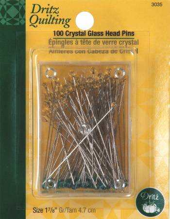 Dritz Quilting Crystal Glasshead Pins pack of 100 with clear crystal glass heads for quilting and crafting projects in reusable box