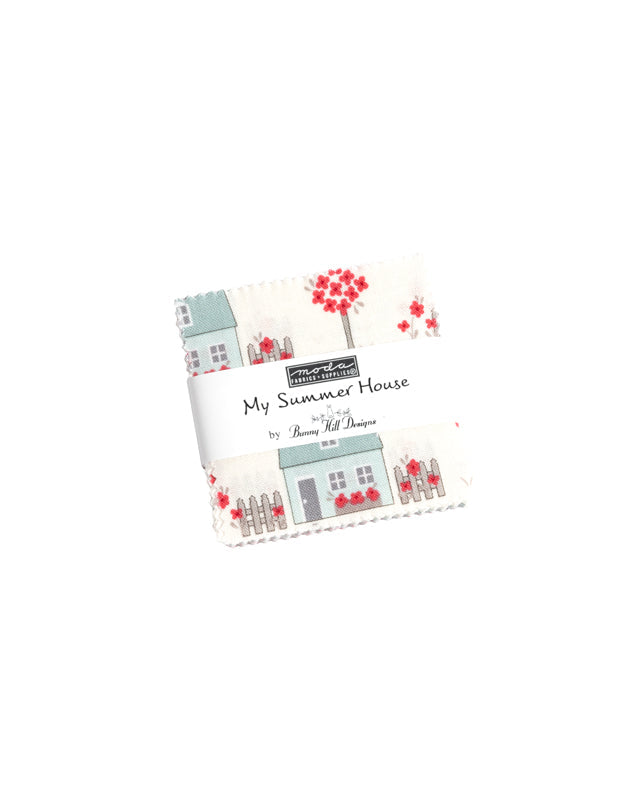 My Summer House fabric mini charm pack with floral and stripe patterns by Bunny Hill Designs for Moda Fabrics
