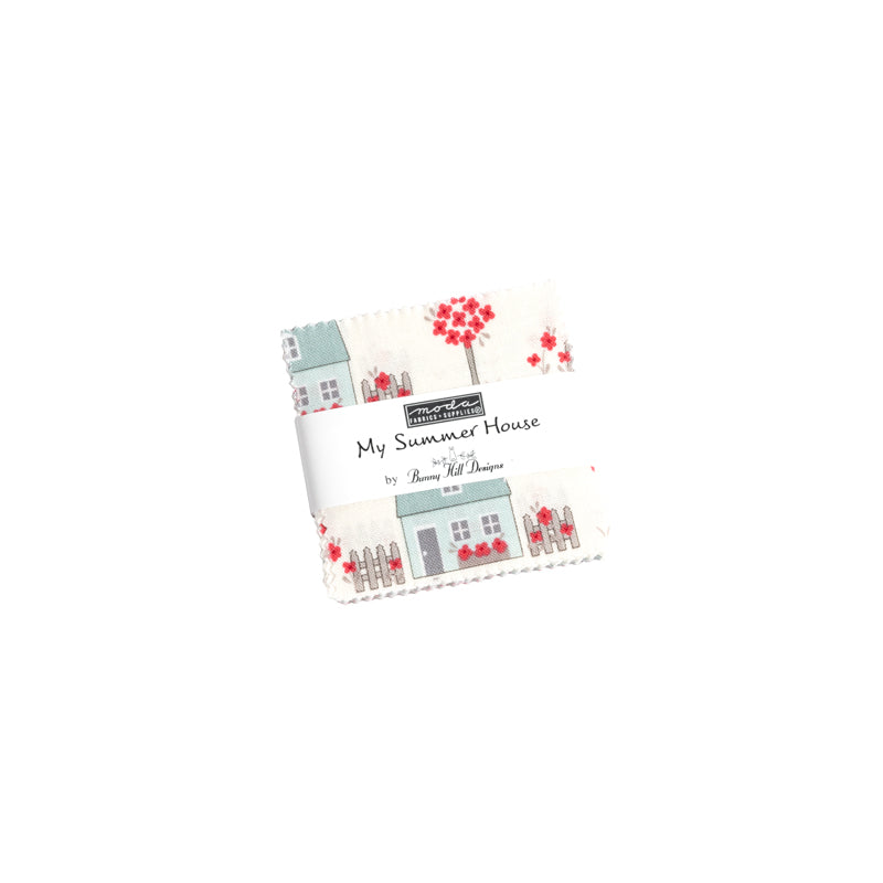 My Summer House fabric mini charm pack with floral and stripe patterns by Bunny Hill Designs for Moda Fabrics