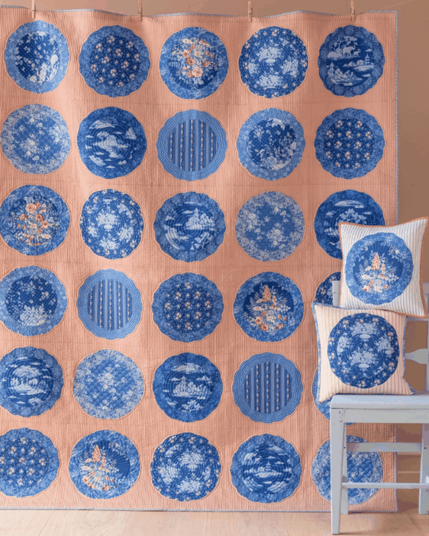 Pre-order Bowl Collection Quilt Kit with blue and white plate appliqué design and dusty peach background 62.5x74.5 inches