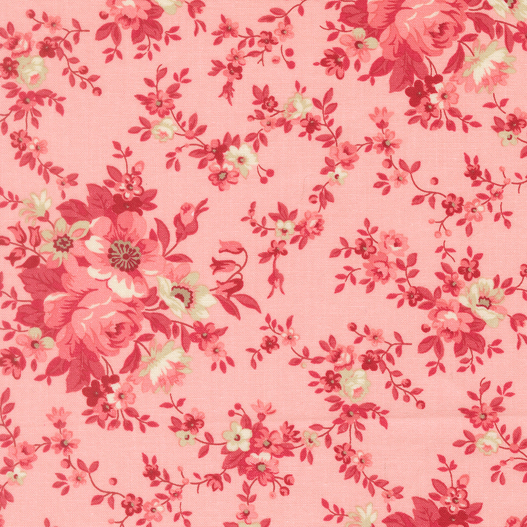 Petals & Polka Dots fabric by Anne Sutton featuring blush florals and polka dots in pink, red, white, and linen tones