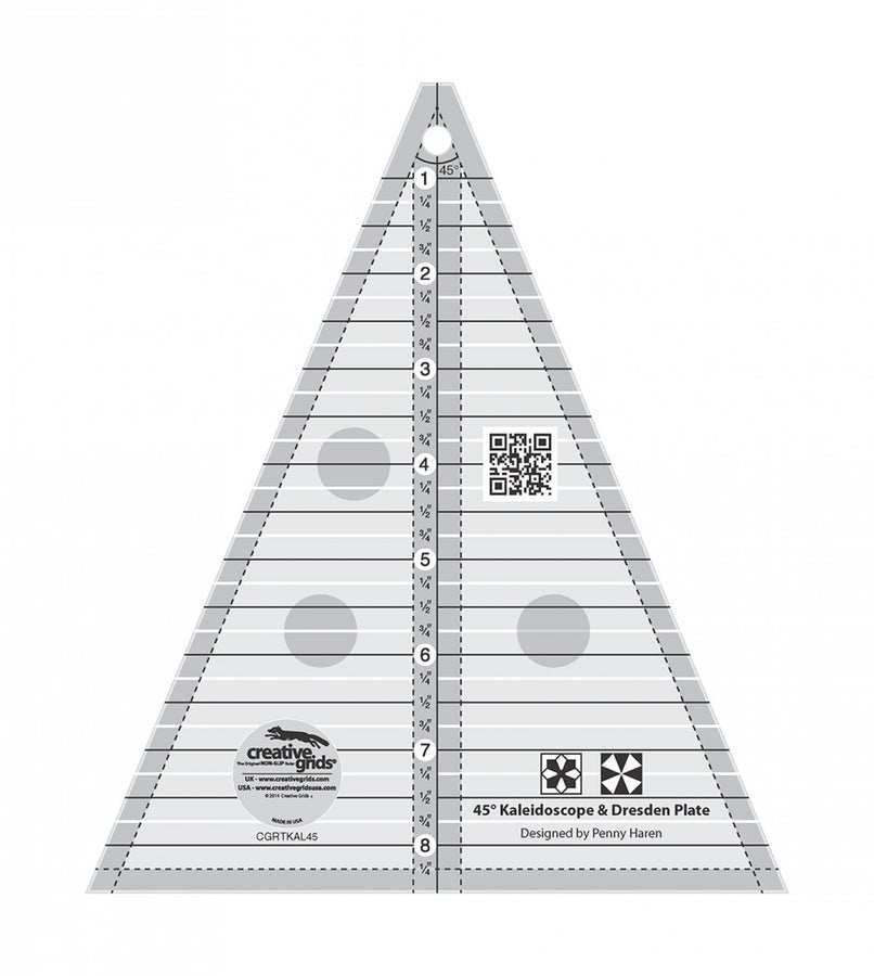 Creative Grids 45 Degree Kaleidoscope and Dresden Plate quilting ruler with measurement markings and angled lines