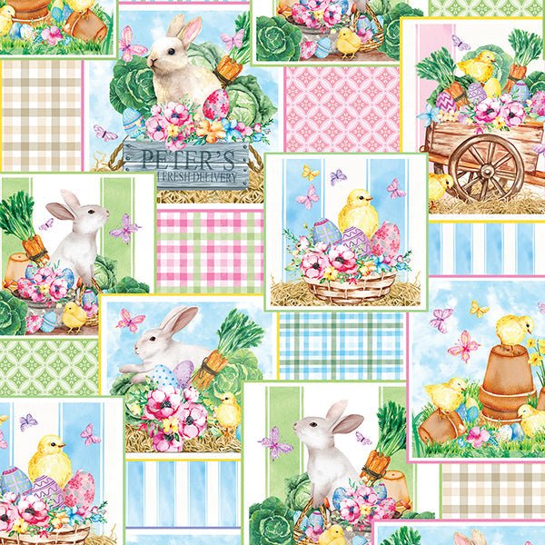 Cottontail Farms Easter fabric with vintage bunnies, chicks, florals, and colorful eggs patchwork design