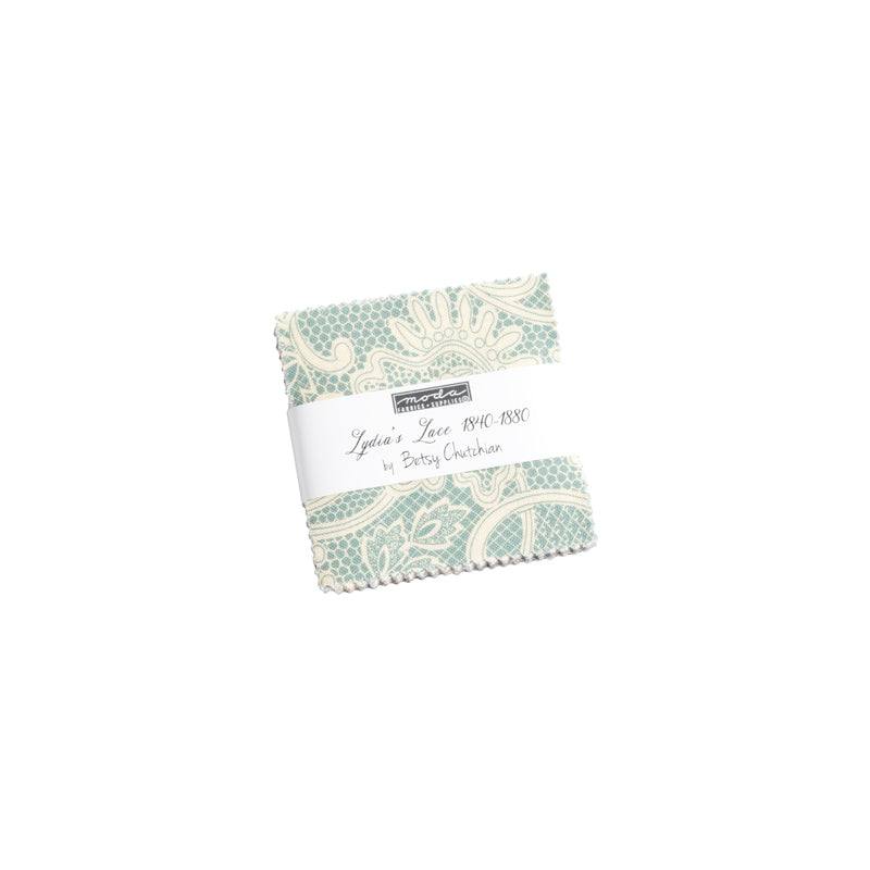 Lydia's Lace Mini Charm Pack by Betsy Chutchian with 42 two-and-a-half-inch fabric squares