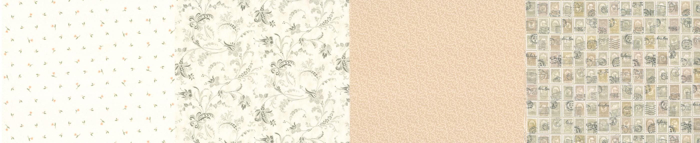 Celebrating 50 years Moda Fabrics parchment collection with subtle floral, vine, leafy, and postage stamp patterns in soft neutral tones