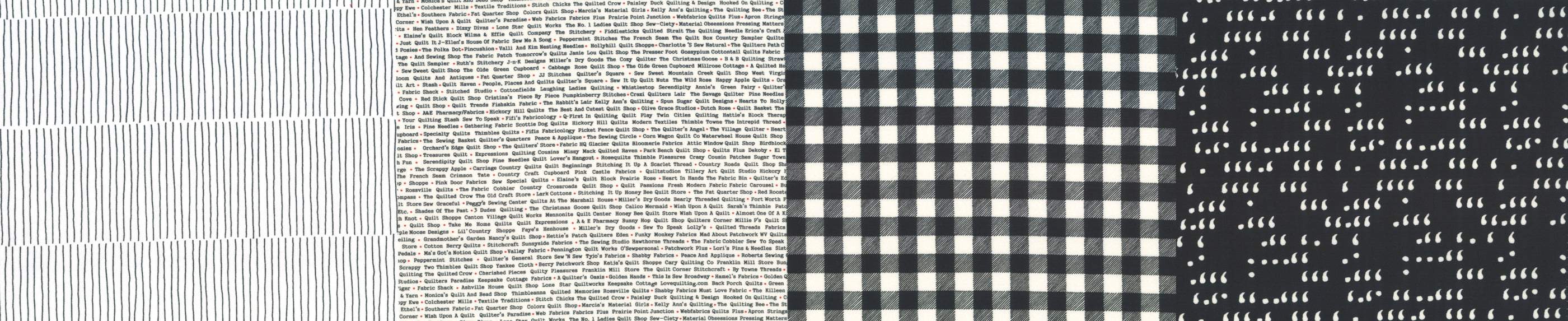 Black and white Moda Fabrics blend with stripes, text, and checkered patterns in 1/2 yard increments