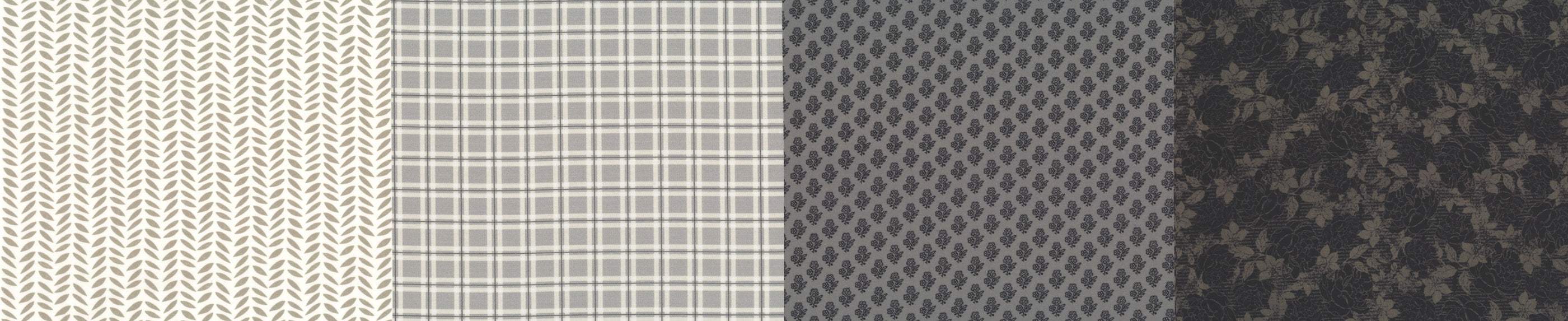 Grey blenders fabric collection with leaf, plaid, floral, and rose patterns by Moda Fabrics celebrating 50 years