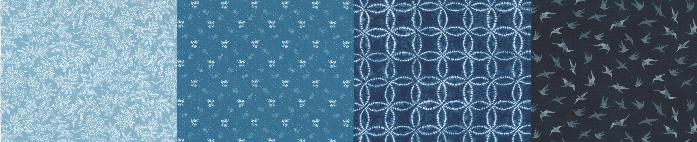 Moda Fabrics Indigo Blenders collection with blue floral and geometric patterns in half-yard cuts