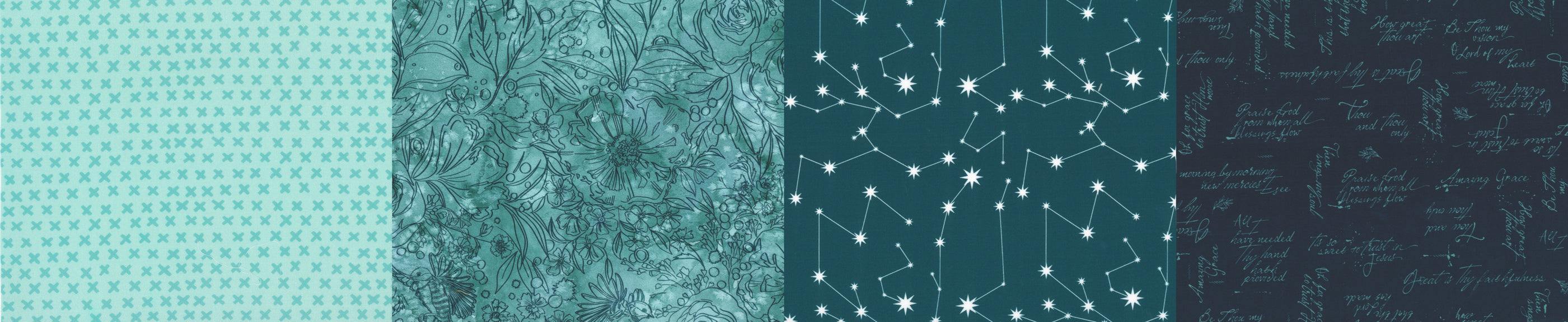Moda Fabrics Prussian Blue Blenders fabric collection with floral, constellation, and script patterns in blue tones