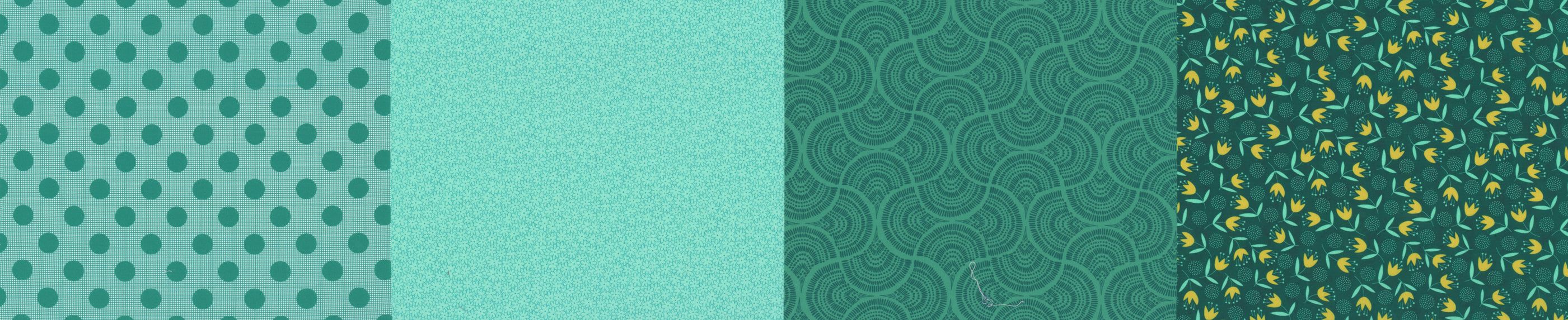 Moda Fabrics Aqua Blenders 50th anniversary collection with aqua patterned fabric swatches