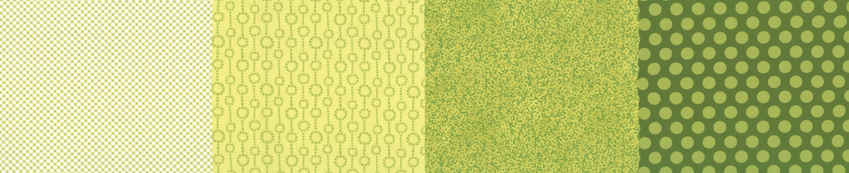 Moda Fabrics green blender patterns in shades of light to dark green with dots, circles, and leaf designs
