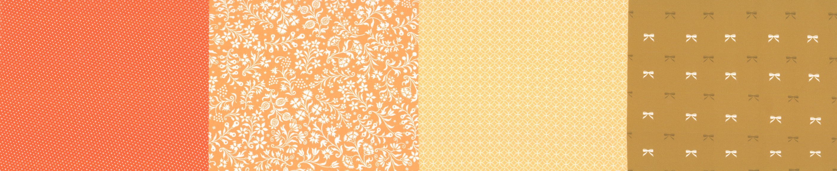Moda Fabrics Marigold Blenders 50th anniversary fabric collection with orange and yellow floral, geometric, and bow prints