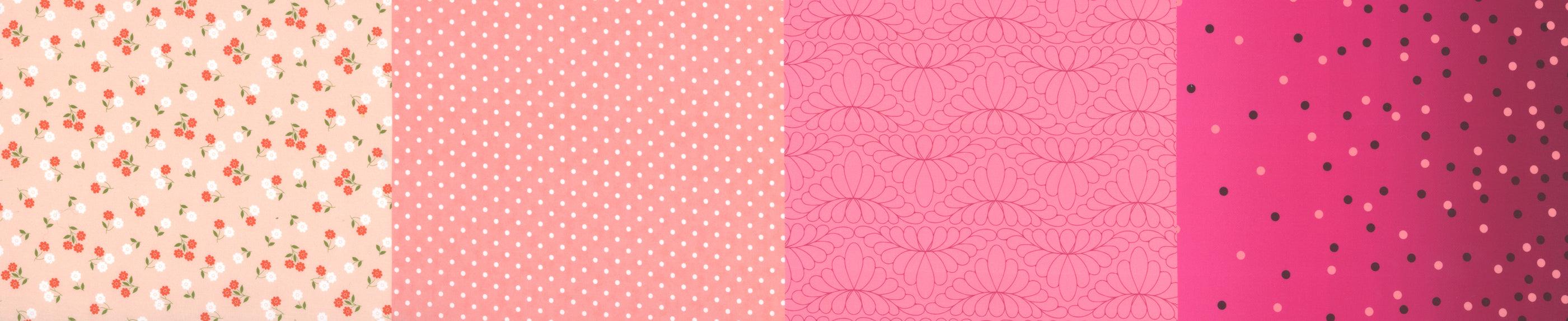 Moda Fabrics 50th anniversary pink blenders fabric collection with floral, polka dot, and intricate designs in half-yard increments
