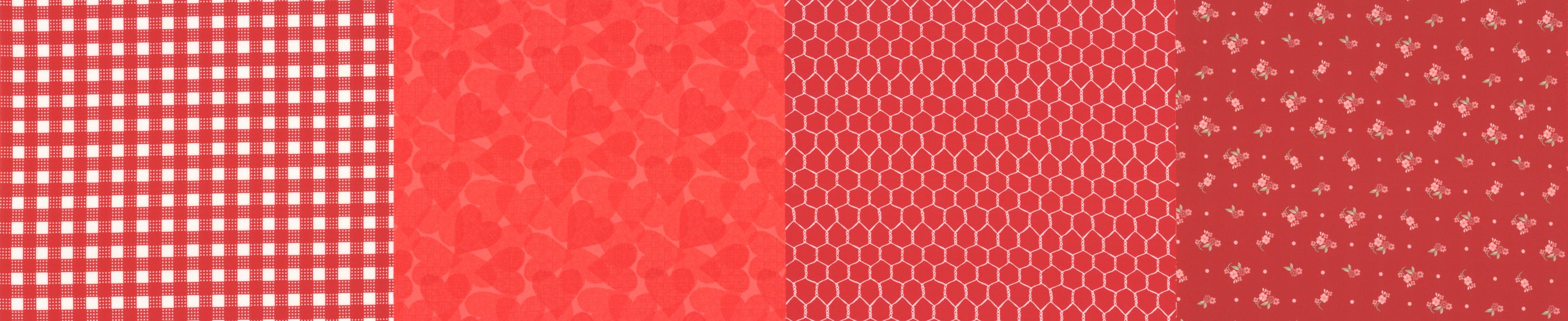 Red Moda Fabrics collection with gingham, heart, hexagon and floral prints celebrating 50 years of Moda designs