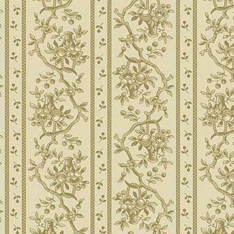 Farmer's Daughter Orchard Spanish Moss fabric by Edyta Sitar with vintage floral stripes in muted green and cream tones