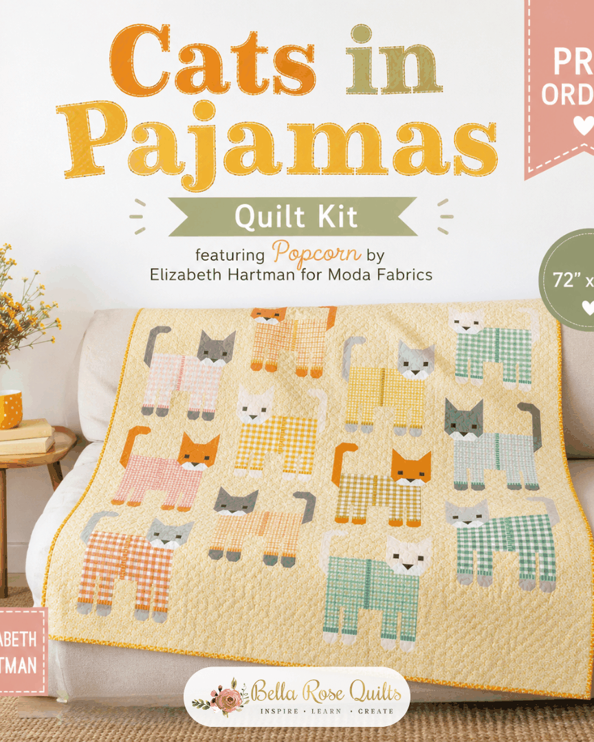 Cats in Pajamas quilt kit featuring Popcorn fabrics by Elizabeth Hartman, 72x72 inches, pre-order shipping November 2026