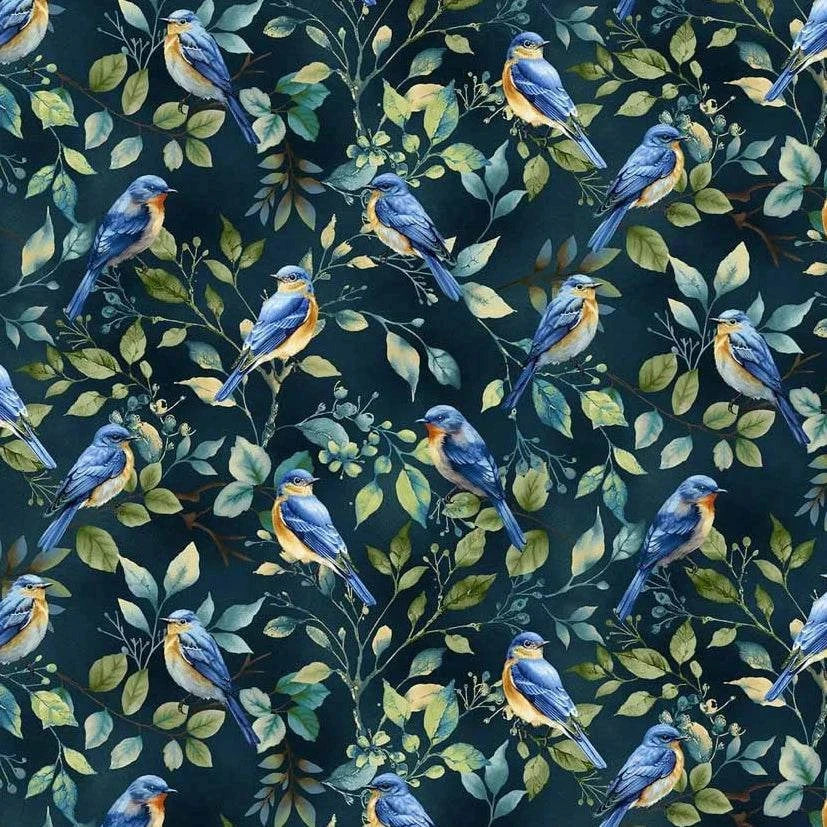 Awakenings Blue Bird Toss Blue fabric with watercolor bluebirds and foliage by Jan Mott for Henry Glass & Co.
