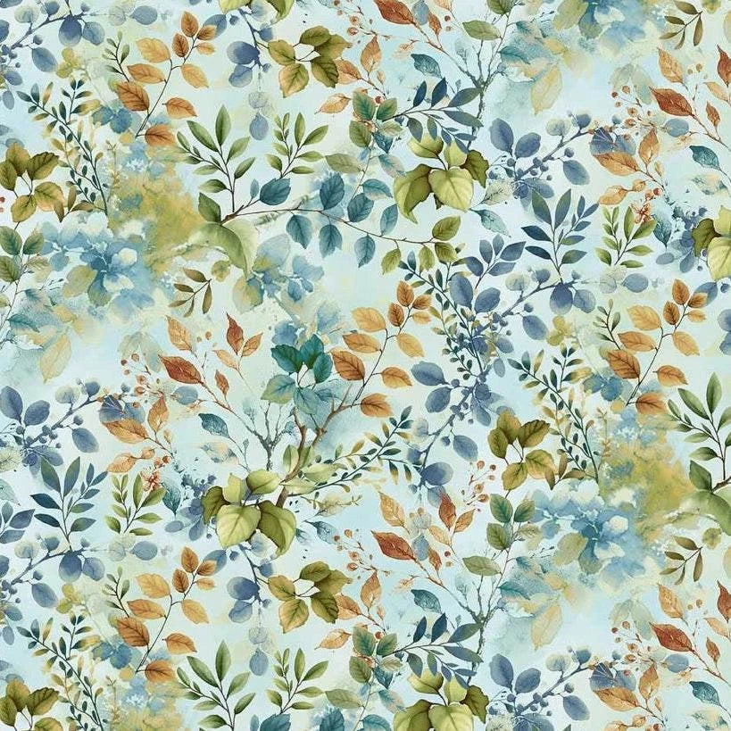 Awakenings Foliage Pale Blue fabric by Jan Mott with watercolor foliage design