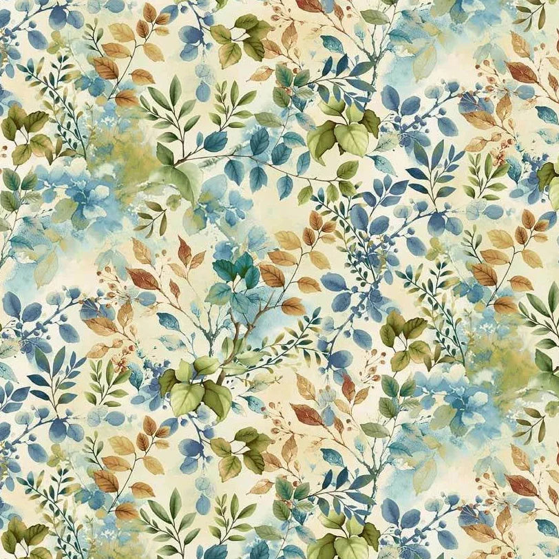 Awakenings Foliage Cream fabric by Jan Mott with watercolor foliage and bluebirds