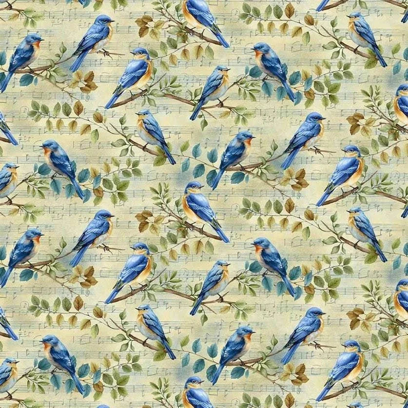 Awakenings Bird Song fabric by Jan Mott featuring pale blue watercolor foliage and bluebirds for quilting