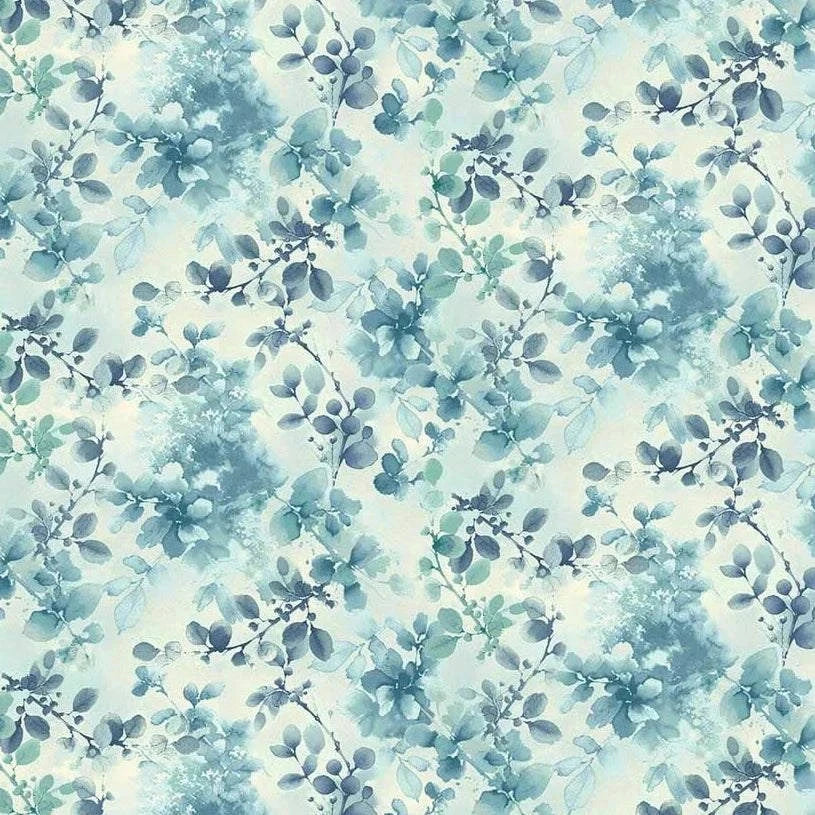 Awakenings Silhouettes Texture pale blue fabric by Jan Mott with watercolor foliage and bluebird design