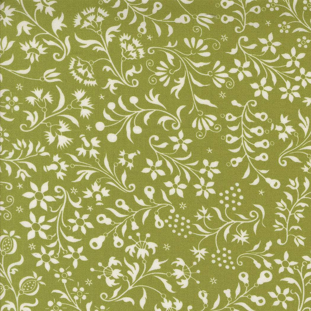 Buon Natale Holiday Harvest Florals Pine cotton fabric with white floral pattern on green background
