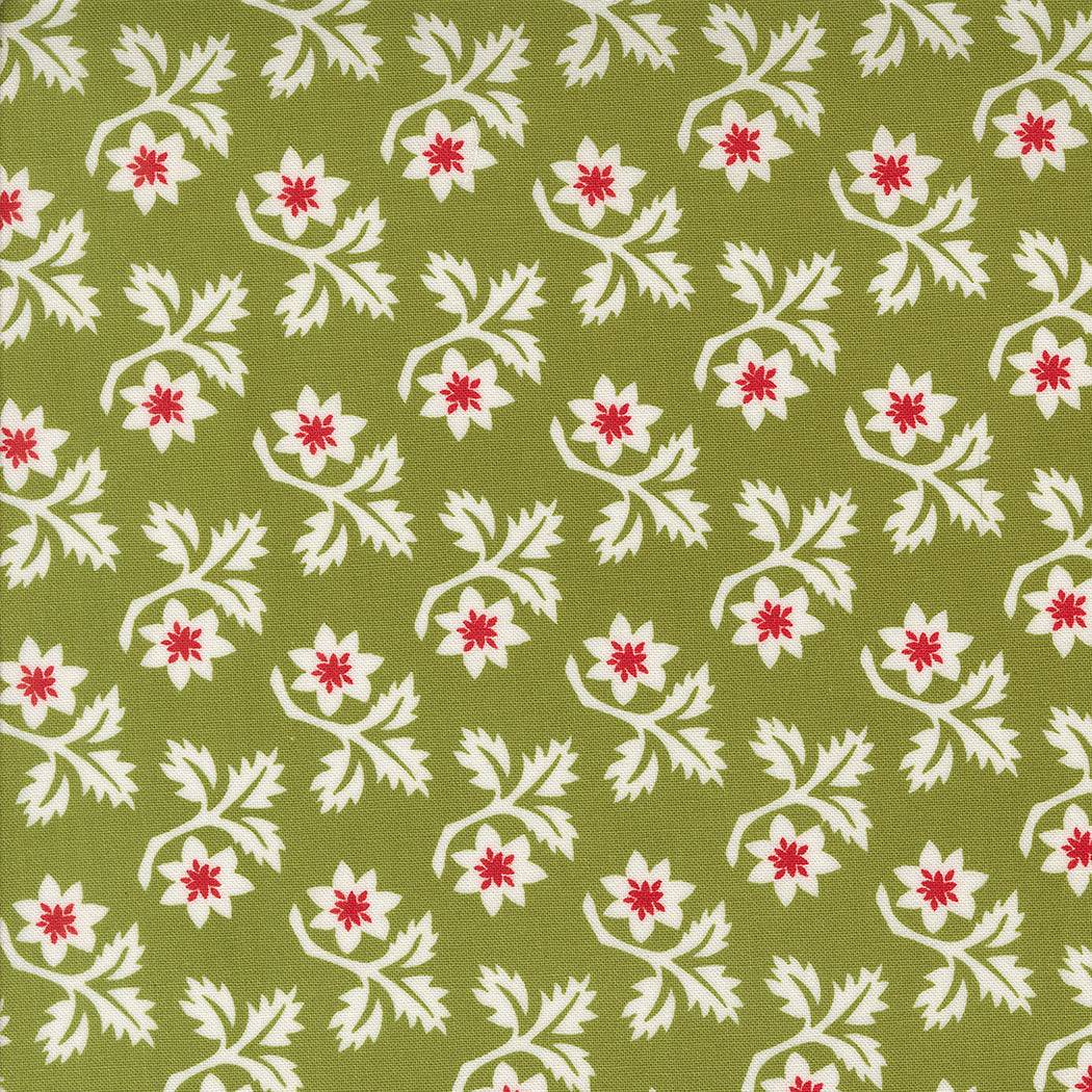 Buon Natale green fabric with white and red woodcut Christmas floral pine design by Joanna Figueroa for Moda Fabrics