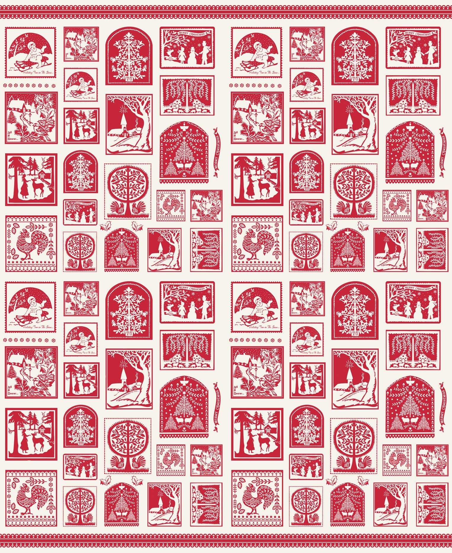 Buon Natale Christmas cards panel fabric with silhouettes and snowflake pomegranate motifs in red and white by Joanna Figueroa for Moda Fabrics