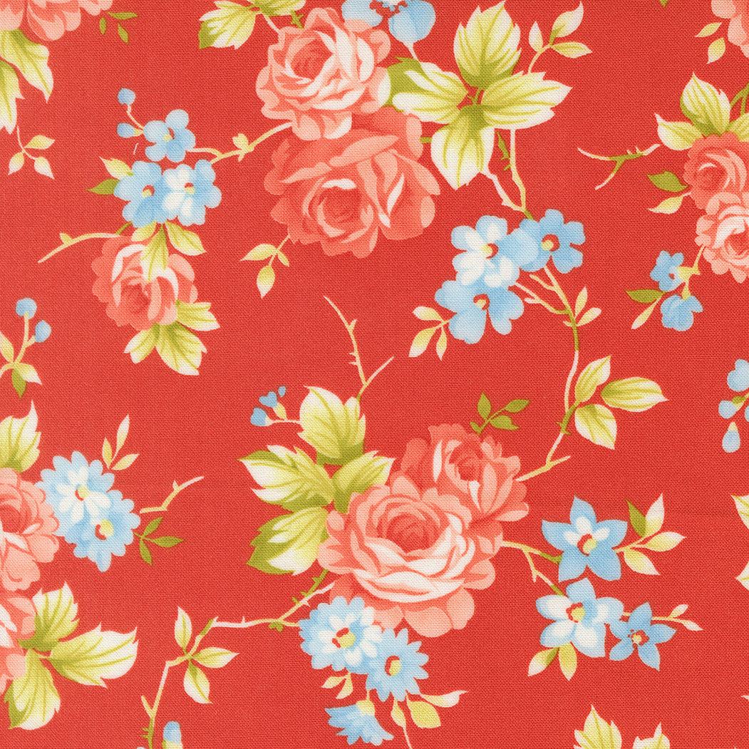 Rosie Country Rose fabric with pink roses and blue flowers on strawberry red background by Joanna Figueroa