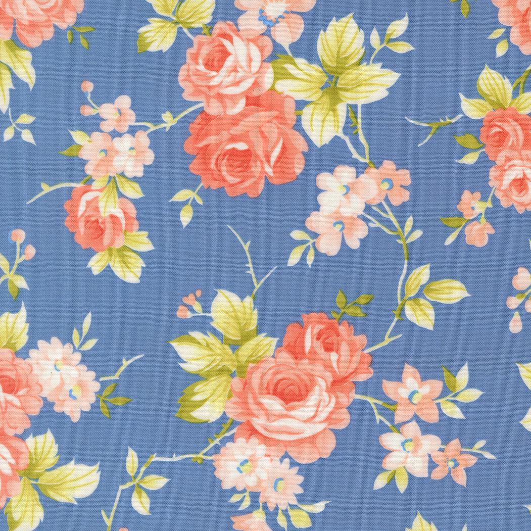 Rosie Country Rose Blueberry floral fabric with pink roses and green leaves on blue background by Joanna Figueroa