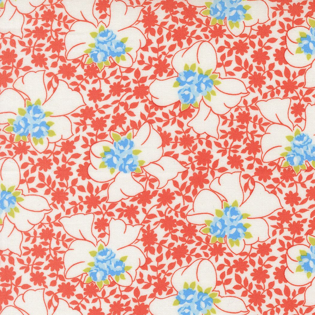 Rosie Nanas Apron fabric by Joanna Figueroa featuring blue and white flowers on a red leafy background for quilting and crafts