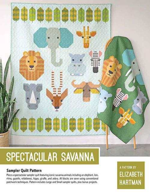 Sampler quilt pattern featuring savanna animals like elephant, lion, rhino, and giraffe by Elizabeth Hartman