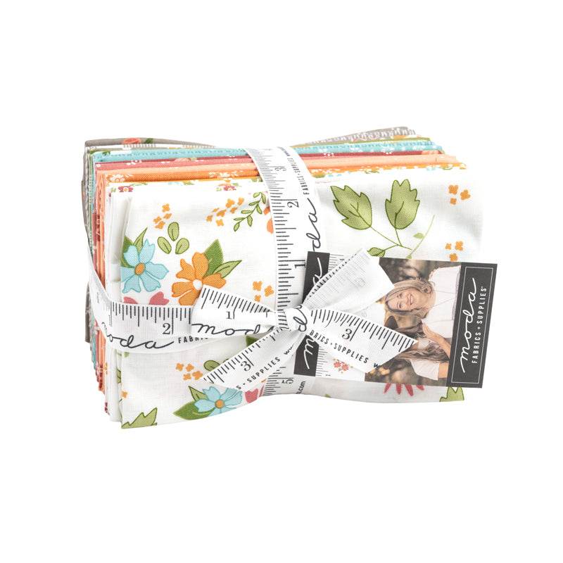 Bountiful Blooms fat-eighth fabric bundle with floral and plaid patterns by Sheri & Chelsi for Moda Fabrics