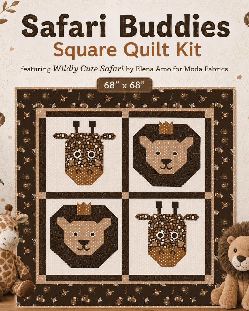 Safari Buddies Square Quilt Kit featuring Wildly Cute Safari fabric by Elena Amo, 68x68 inch quilt top pre-order