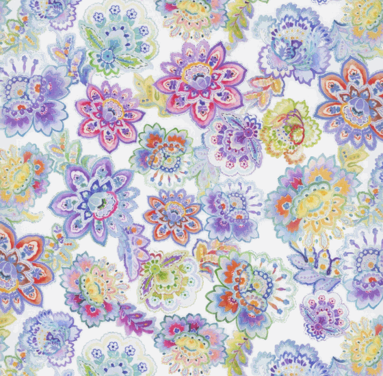 Daydreams Small Floral fabric with vibrant watercolor flowers in purple, pink, orange, and green on white background
