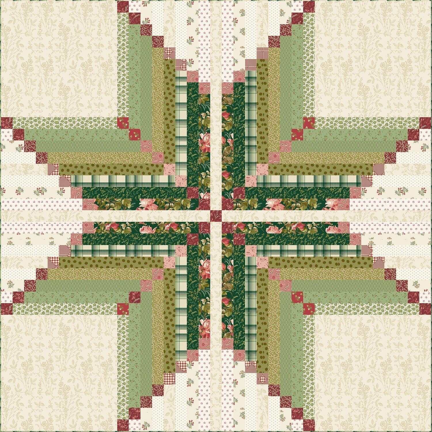 Virginia Star Quilt Kit featuring a floral and green patchwork star pattern with cream background