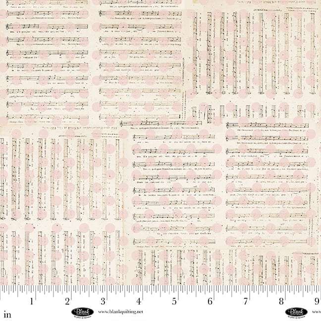 Parisian Snippets fabric with music notes and pink dots by Frank Garcia for Blank Quilting