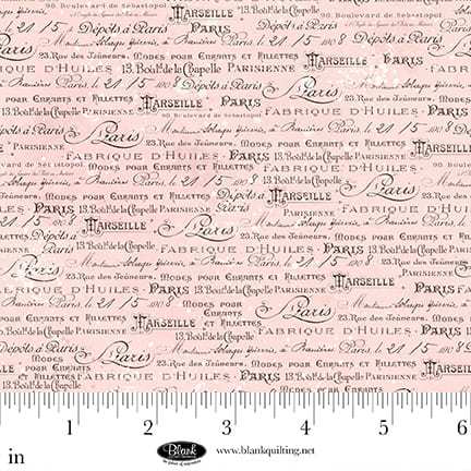Parisian Snippets fabric by Frank Garcia with script text in pink and cream tones for quilting projects