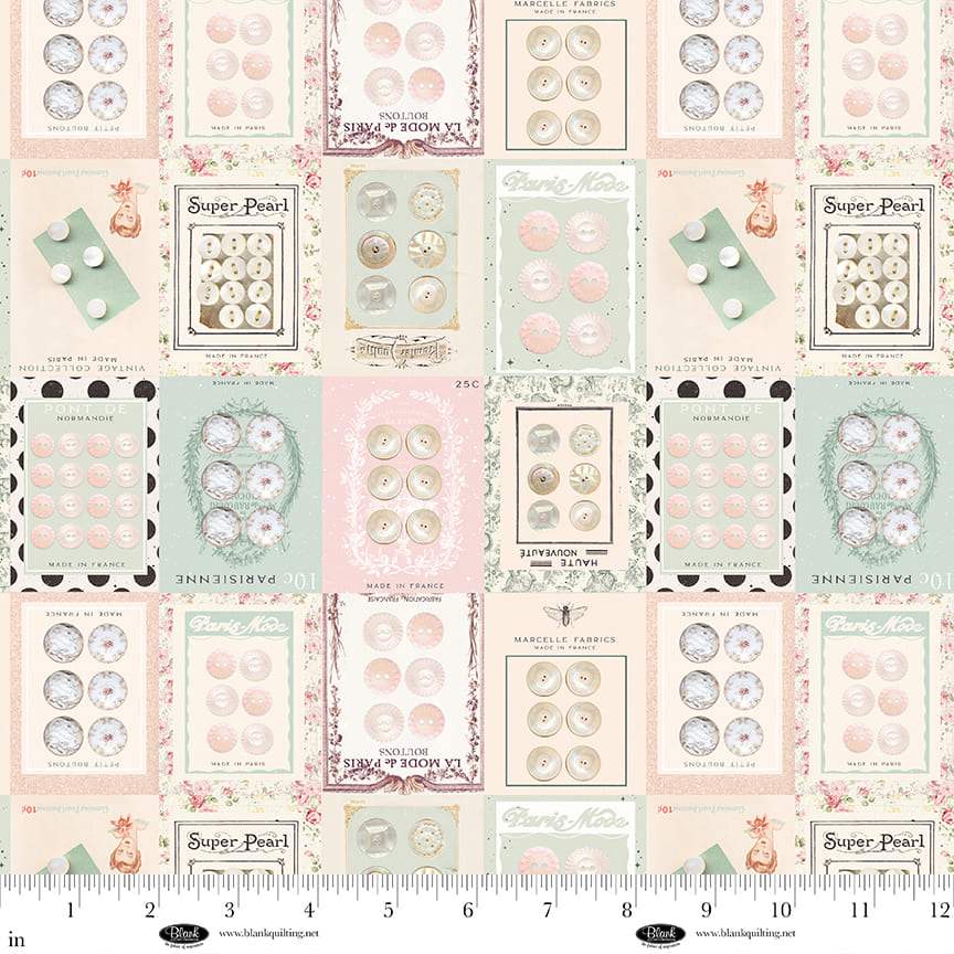 Parisian Snippets vintage-style buttons fabric with pastel pink, turquoise, and cream floral patterns by Frank Garcia