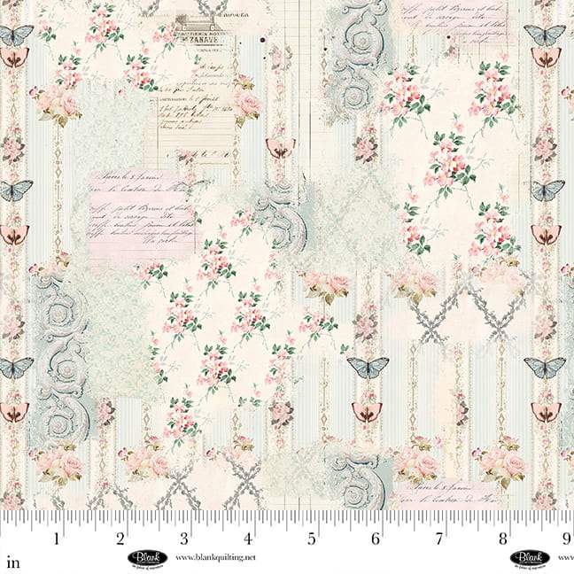 Parisian Snippets fabric with floral lattices and pastel vintage Parisian designs by Frank Garcia