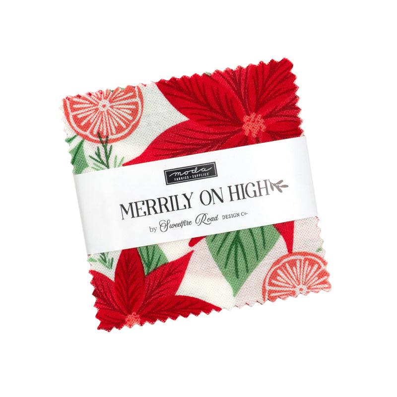 Merrily On High mini charm pack featuring holiday gingerbread, candy canes, poinsettias, holly, and snowflakes by Sweetfire Road for Moda Fabrics