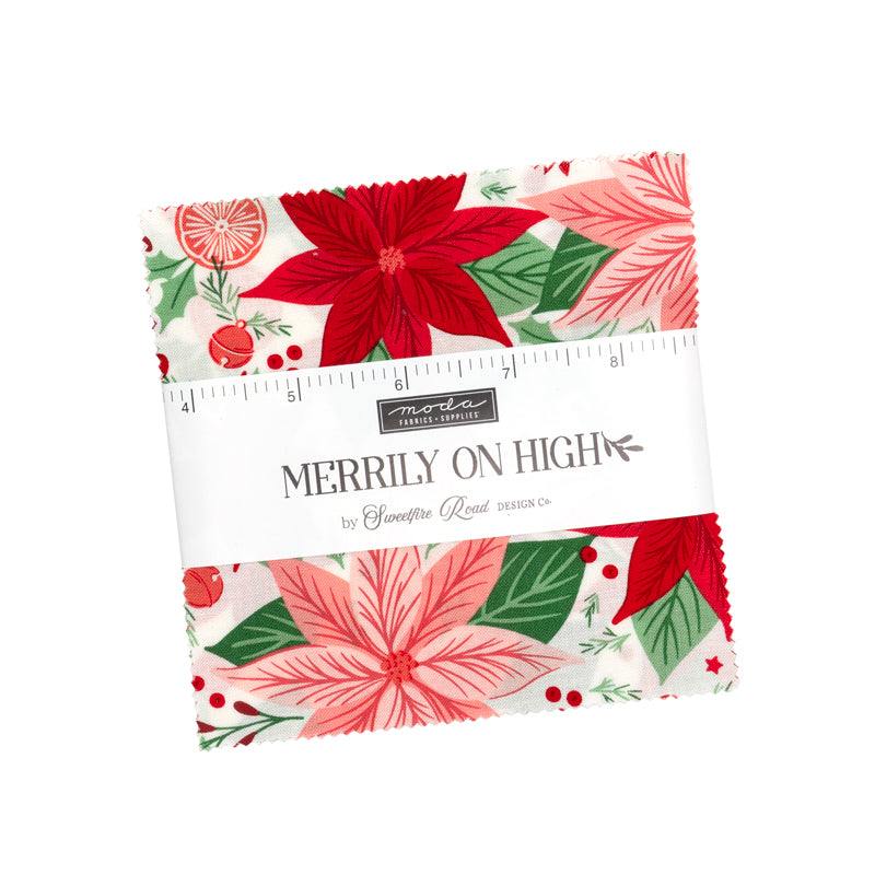 Merrily On High Christmas fabric charm pack with gingerbread, candy canes, poinsettias, holly, and snowflakes by Sweetfire Road for Moda Fabrics