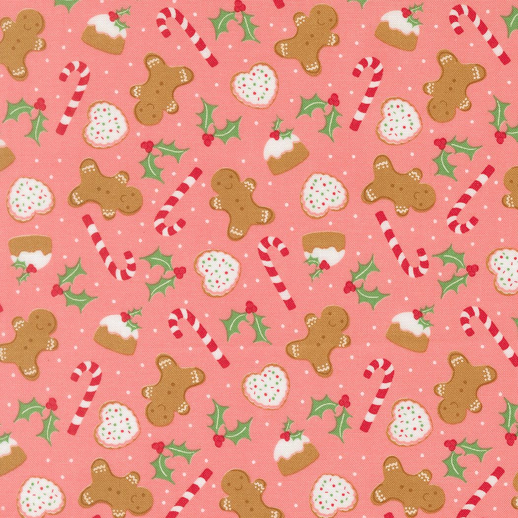 Sweetfire Road Merrily On High Christmas fabric with gingerbread, candy canes, poinsettias, holly, and snowflakes by Moda Fabrics