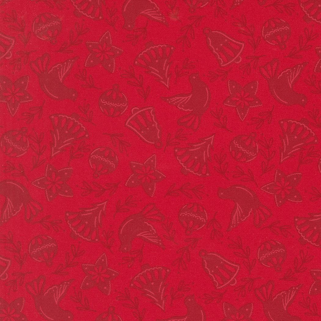 Red Merrily On High Christmas cookie cutter fabric with festive holiday motifs