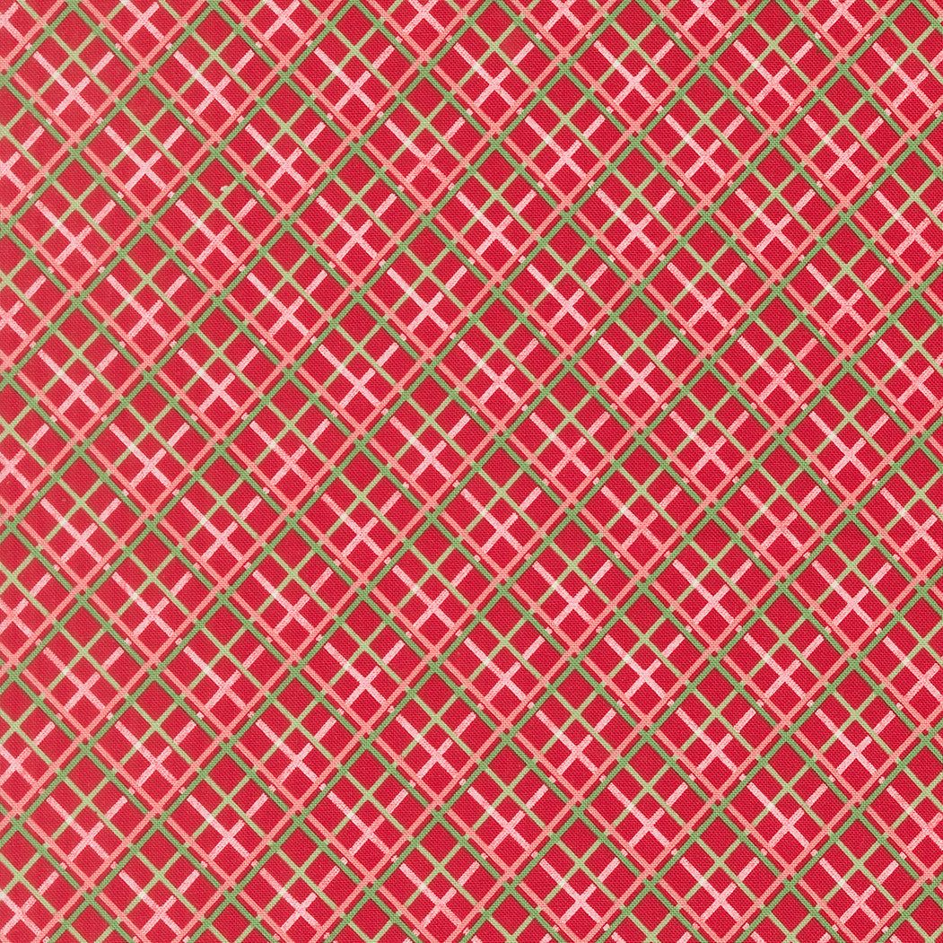 Sweetfire Road Merrily On High Pretty Plaid Christmas Red fabric with holiday motifs by Moda Fabrics