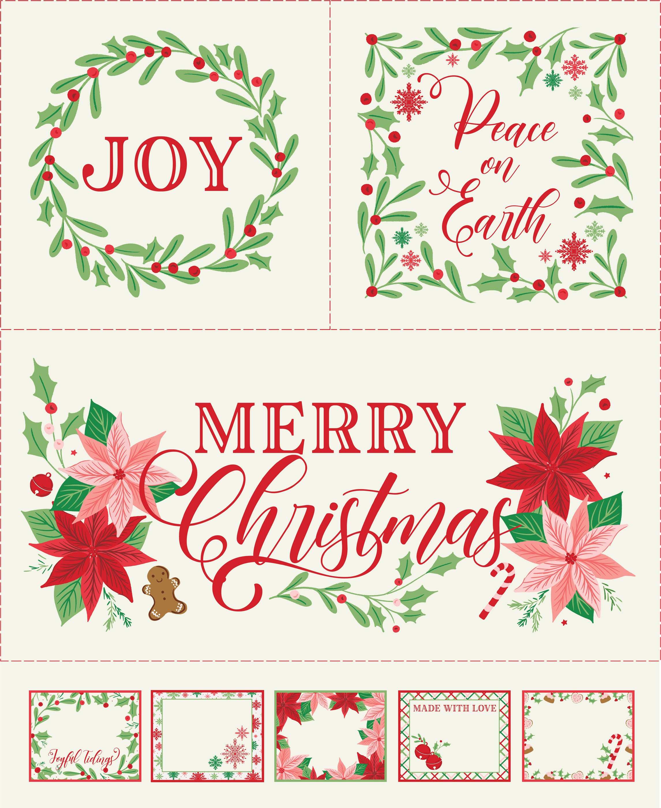 Sweetfire Road Merrily On High Christmas fabric panel with gingerbread, candy canes, poinsettias, holly, and snowflakes