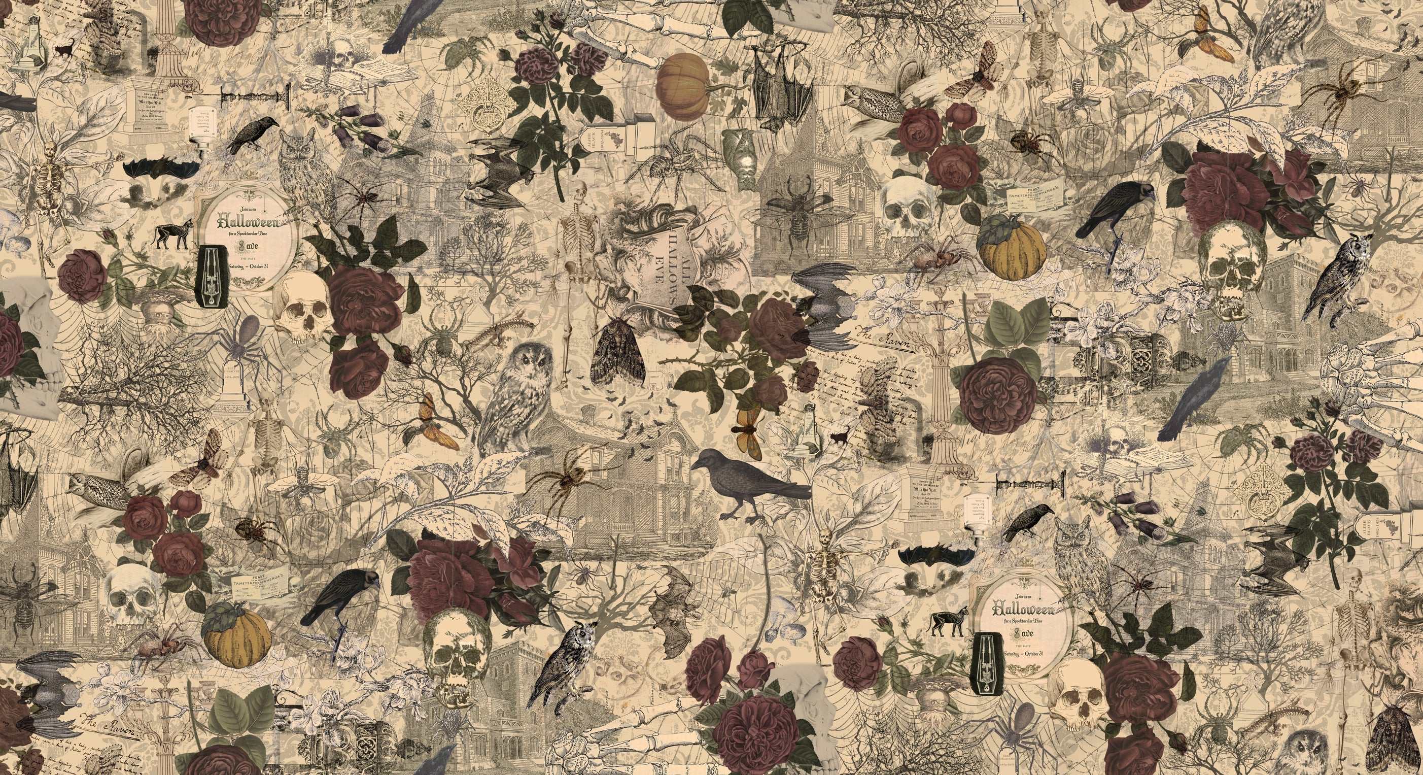 3 Sisters Favorites Collages Haunted Mansion vintage Halloween fabric with skulls, roses, ravens, and pumpkins in muted tones