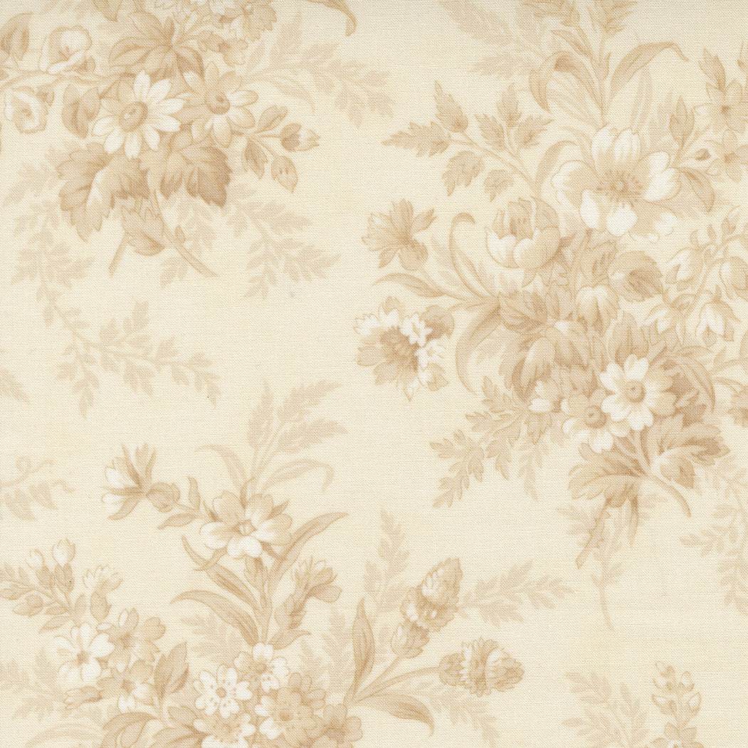 Breathtaking Blues floral porcelain ecru fabric by 3 Sisters for Moda Fabrics showing blue and navy tones