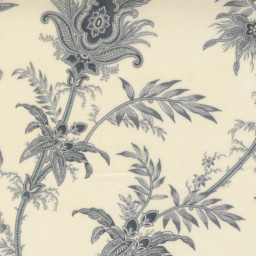 Breathtaking Blues plume florals porcelain fabric in soft sky tones and deep navy by 3 Sisters for Moda Fabrics